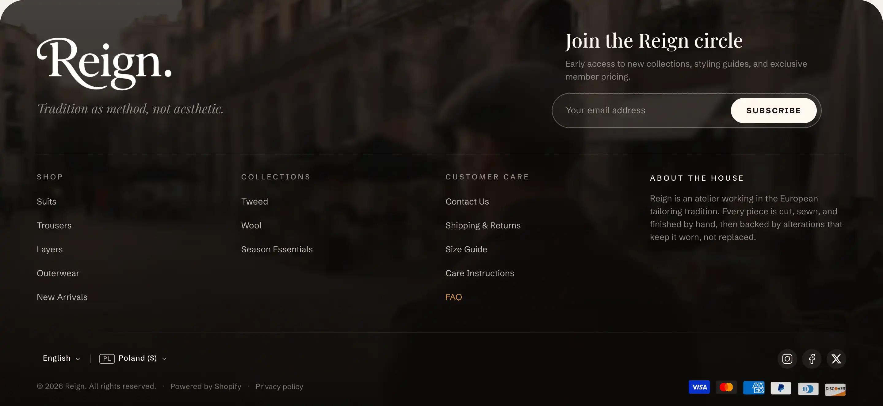 Footer with menus, signup, social links, and payment icons
