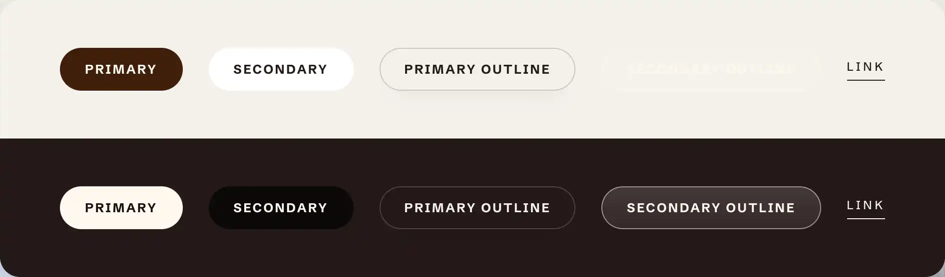 The five button styles on a light color scheme and a dark color scheme