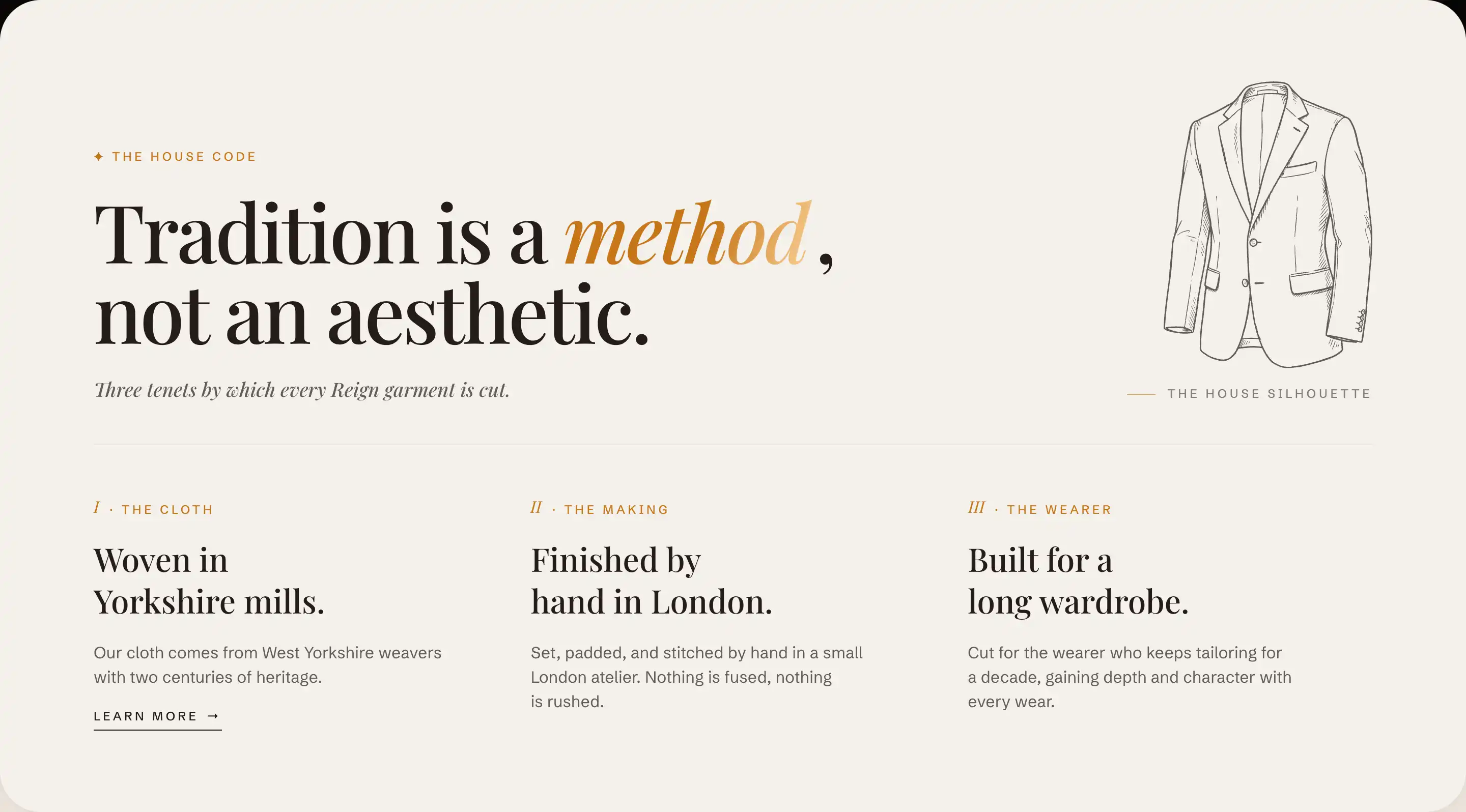 Brand ethos section with a heading and three columns