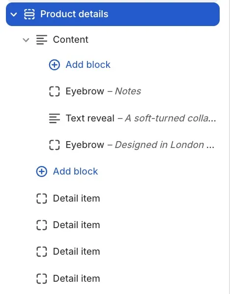 The Product details block list: the Content region above the Detail item rows