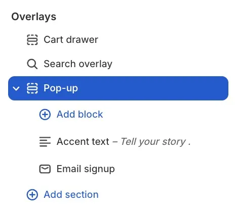 The Pop-up in the Overlays group with its Accent text and Email signup blocks