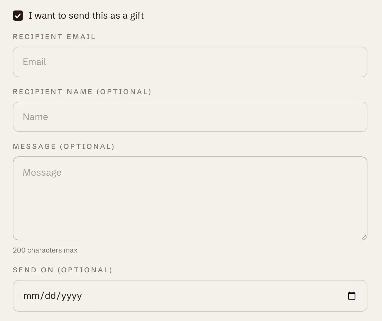 The gift card recipient form with email, name, message, and send date fields