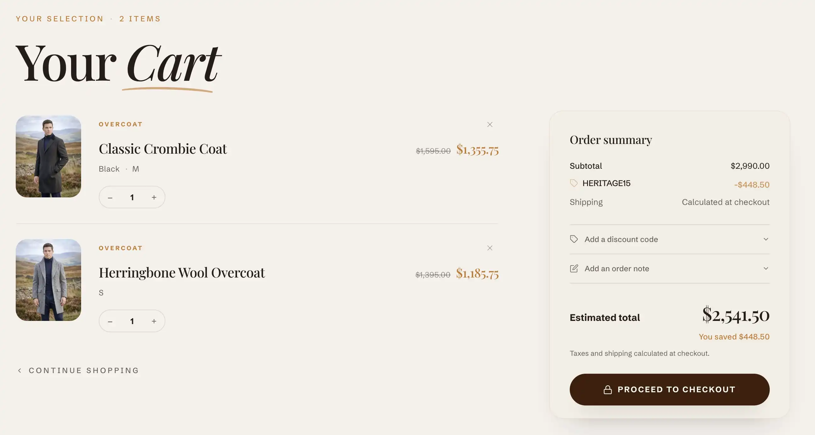 The full cart page with line items, totals, and checkout
