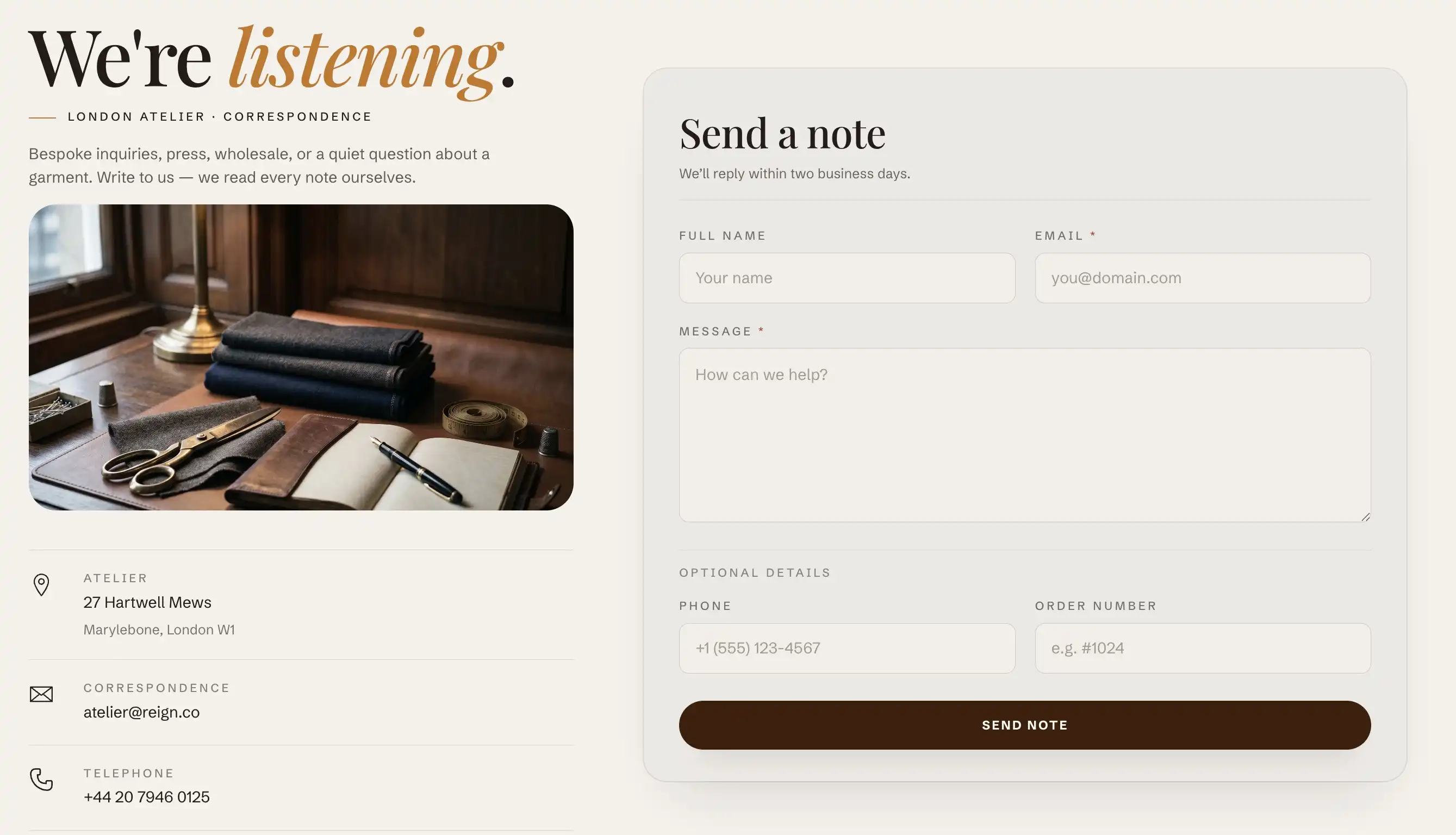 Contact page with the form and details