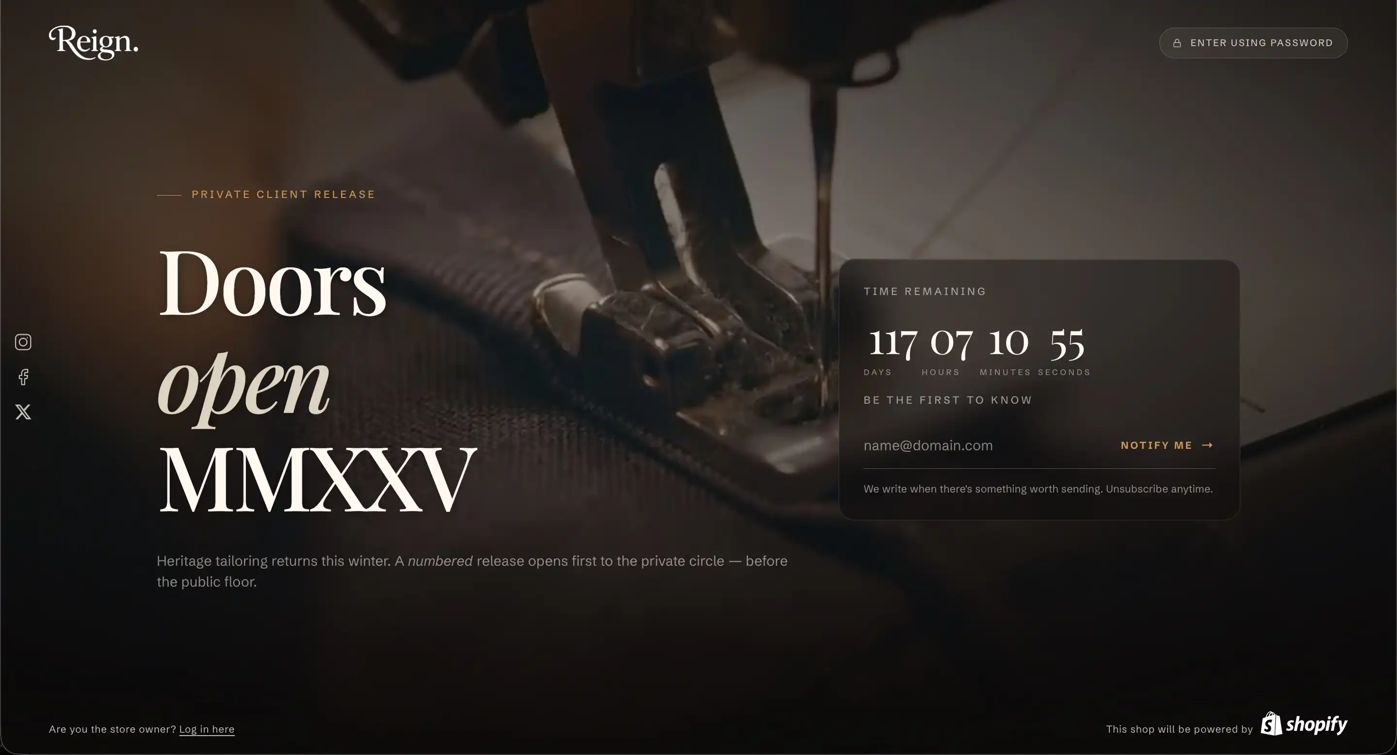 Password page with the store logo, headline, and entry button