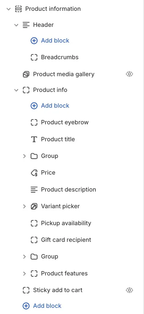 The Product info block list with a Product eyebrow and Pickup availability block added