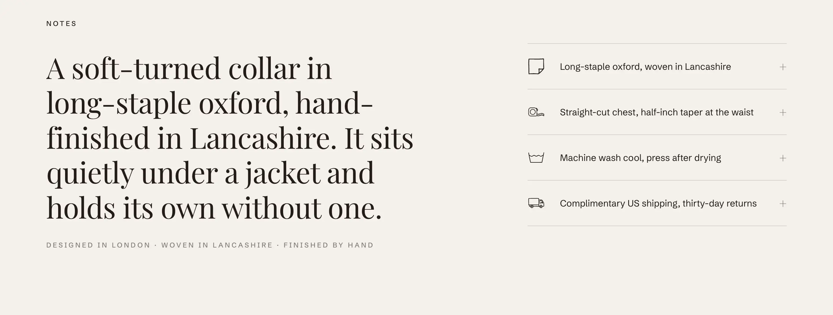 The Product details section: a statement beside a list of expandable rows