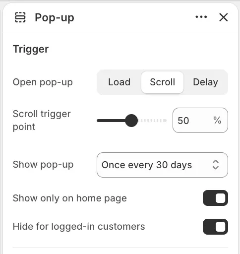 The Pop-up Trigger settings in the theme editor