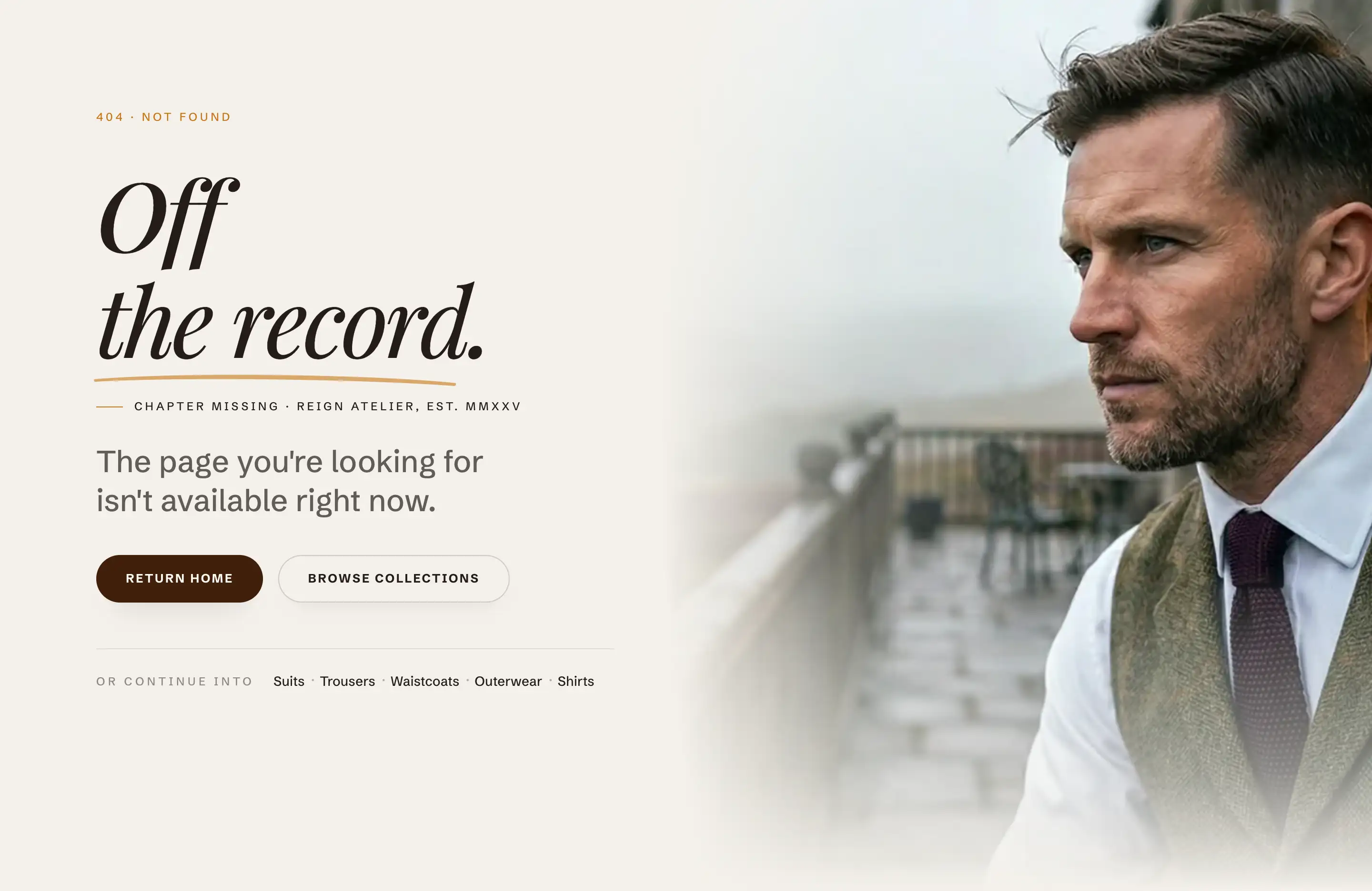 The 404 page with heading, buttons, and collection links